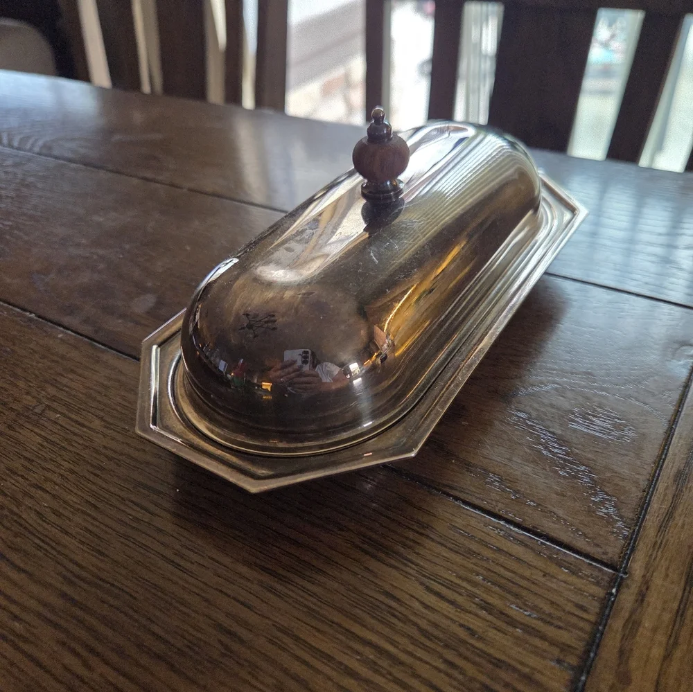 Vintage Silver-Plated Butter Dish With Wooden Finial Handle